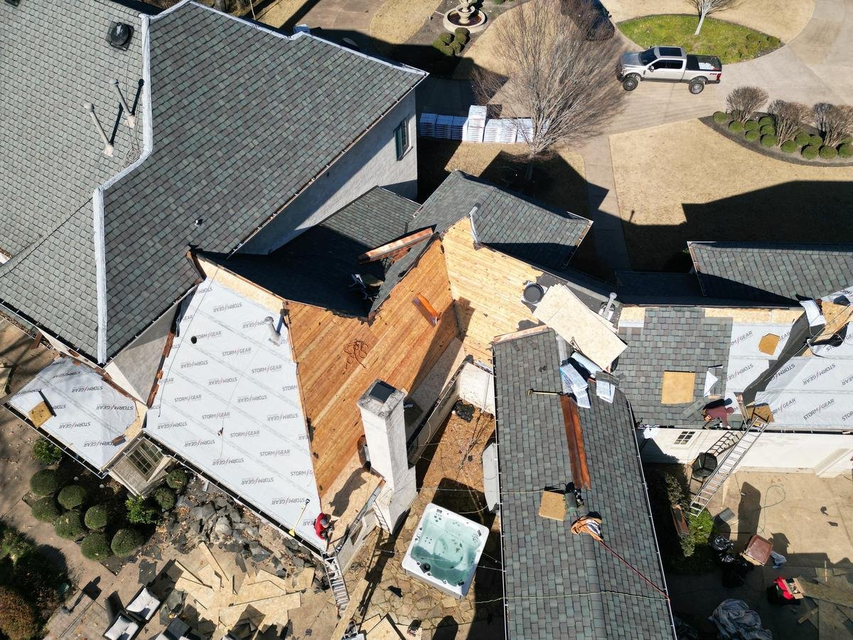Roof replacement aerial view